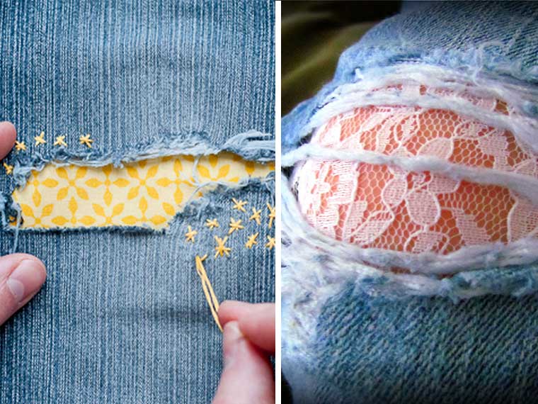 Kapotte broek maken - de 10 leukste manieren om gaten in de knieën van je spijkerbroek te repareren. Bijvoorbeeld door een lap stof erachter te naaien.